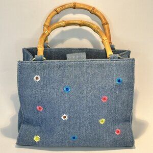Vintage Purse Small Denim w/ flower design bamboo handles red checked lining
